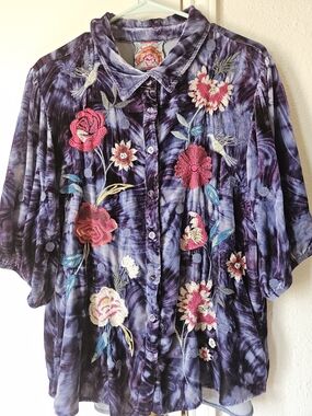Embroidered Purple Floral Button-Down Shirt
